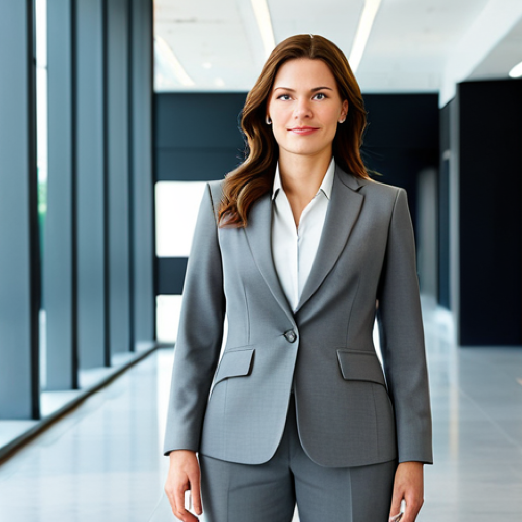 **
"A professional businesswoman in a modest gray business suit, standing confidently in a brightly lit, modern office lobby, fully clothed, appropriate attire, safe for work, perfect anatomy, correct proportions, natural pose, well-formed hands, proper finger count, professional photography, high quality, family-friendly."
**