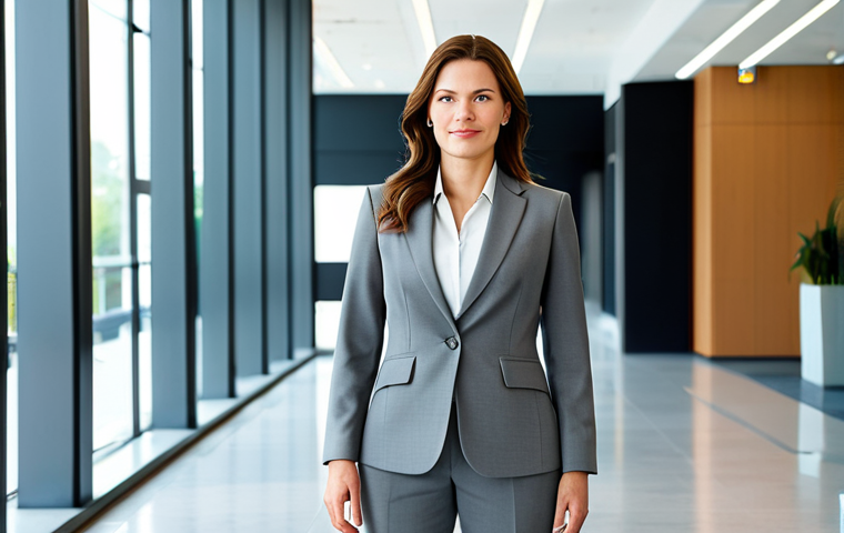 **

"A professional businesswoman in a modest gray business suit, standing confidently in a brightly lit, modern office lobby, fully clothed, appropriate attire, safe for work, perfect anatomy, correct proportions, natural pose, well-formed hands, proper finger count, professional photography, high quality, family-friendly."

**