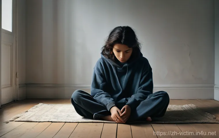 범죄 피해자 정신적 충격 - **Prompt:** A young adult, dressed in comfortable, loose-fitting clothes, sits alone on the floor in...