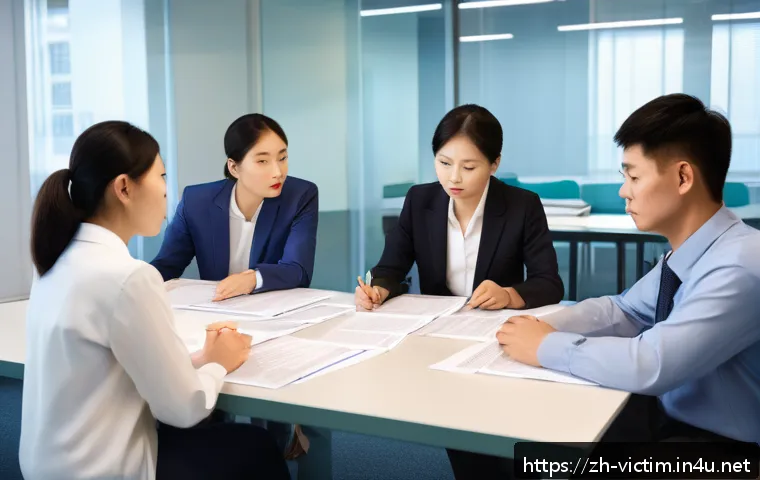 범죄 피해자 보상 신청 - A modern government office interior scene showing a diverse group of Chinese Simplified-speaking vic...