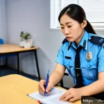 범죄 피해자 보호 명령 실행 사례 - A detailed scene depicting a calm community police officer patiently listening and taking notes whil...