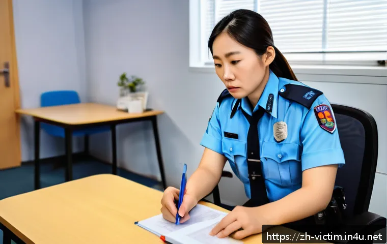 범죄 피해자 보호 명령 실행 사례 - A detailed scene depicting a calm community police officer patiently listening and taking notes whil...