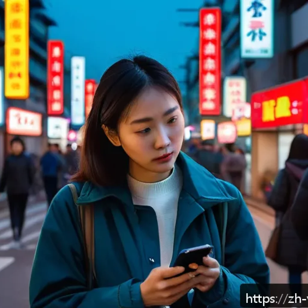 범죄 피해자 경찰 신고 방법 - A calm, composed young Chinese woman standing on a busy urban street at dusk, holding a smartphone a...
