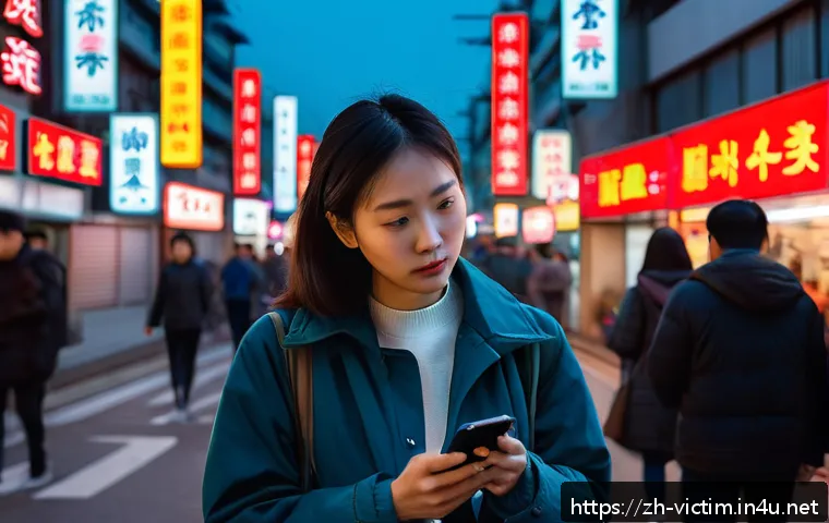 범죄 피해자 경찰 신고 방법 - A calm, composed young Chinese woman standing on a busy urban street at dusk, holding a smartphone a...